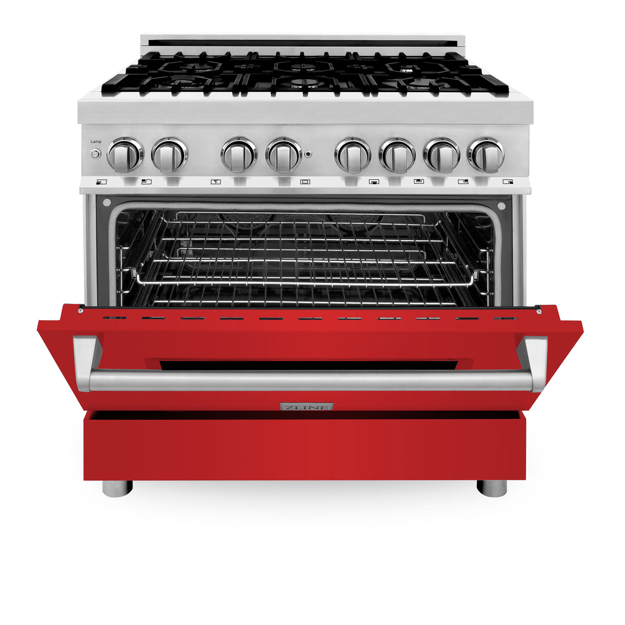 ZLINE 36" 4.6 cu ft Dual Fuel Range with Gas Stove and Electric Oven in Stainless Steel and Red Matte Door (RA-RM-36)