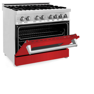 ZLINE 36" 4.6 cu ft Dual Fuel Range with Gas Stove and Electric Oven in Stainless Steel and Red Matte Door (RA-RM-36)