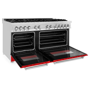 ZLINE 60" 7.4 cu ft Dual Fuel Range with Gas Stove and Electric Oven in Stainless Steel and Red Matte Door (RA-RM-60)