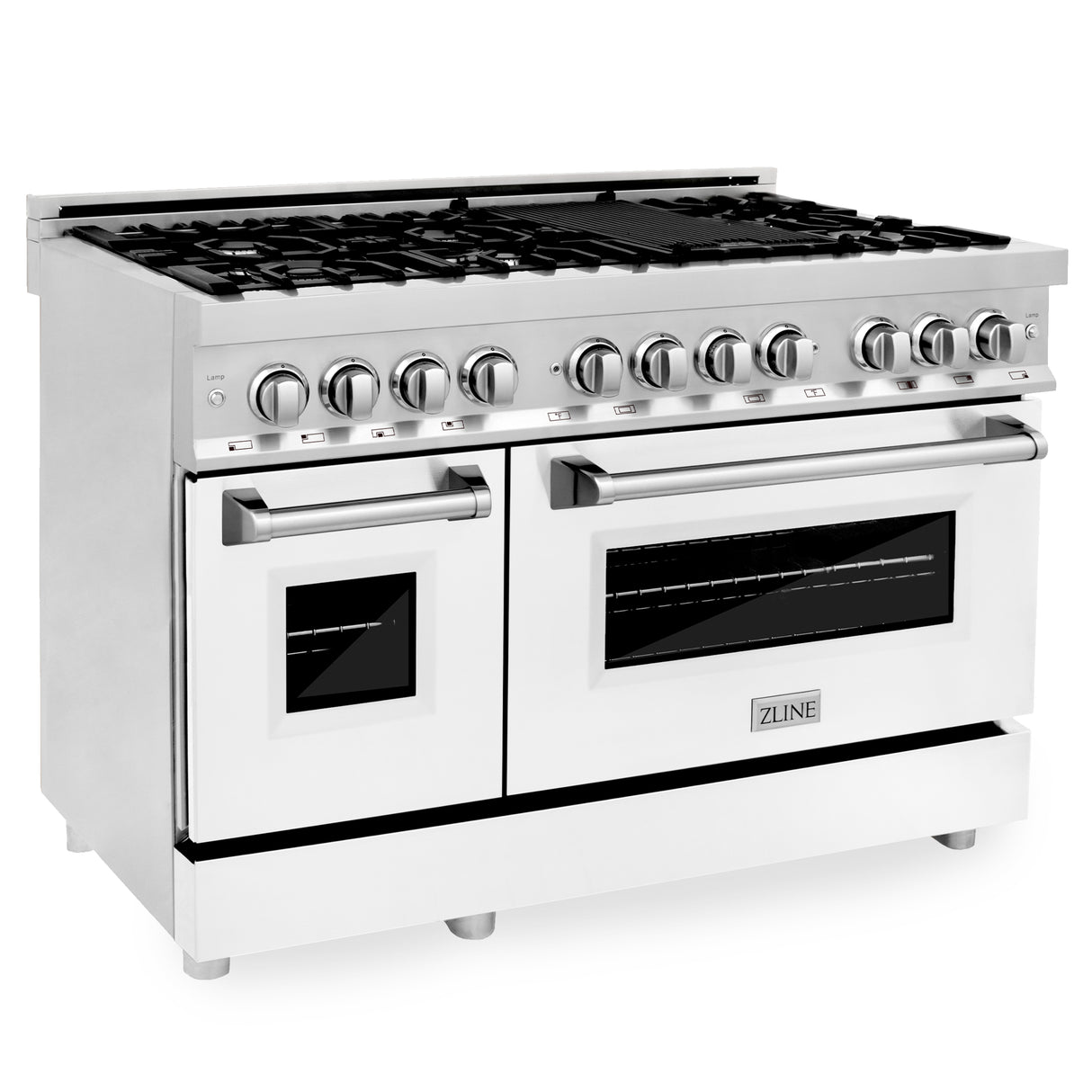 ZLINE 48" 6.0 cu ft Dual Fuel Range with Gas Stove and Electric Oven in Stainless Steel and White Matte Door (RA-WM-48)