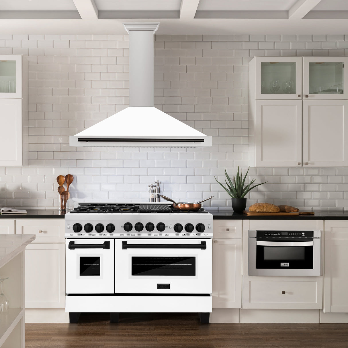 ZLINE 48" Autograph Edition Stainless Steel Range Hood with White Matte Shell and Matte Black Accents (KB4STZ-WM48-MB)