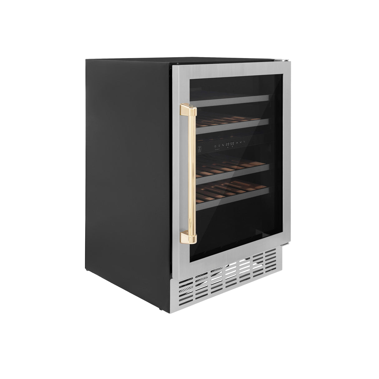 ZLINE 24" Monument Autograph Edition Dual Zone 44-Bottle Wine Cooler in Stainless Steel with Gold Accents (RWVZ-UD-24-G)