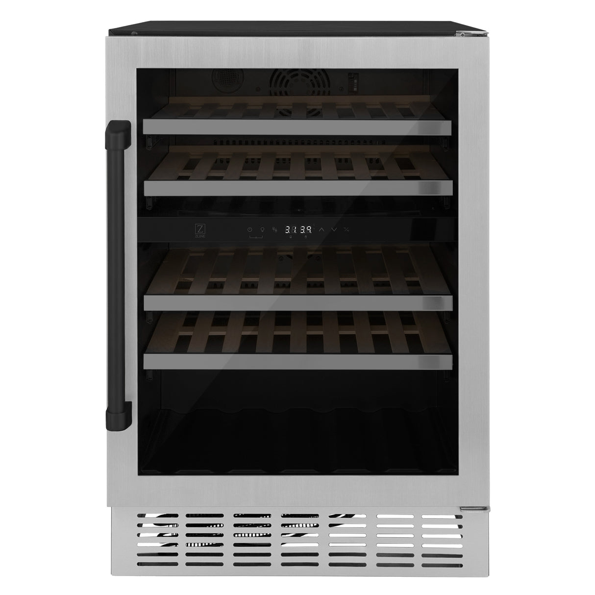 ZLINE 24" Monument Autograph Edition Dual Zone 44-Bottle Wine Cooler in Stainless Steel with Matte Black Accents (RWVZ-UD-24-MB)