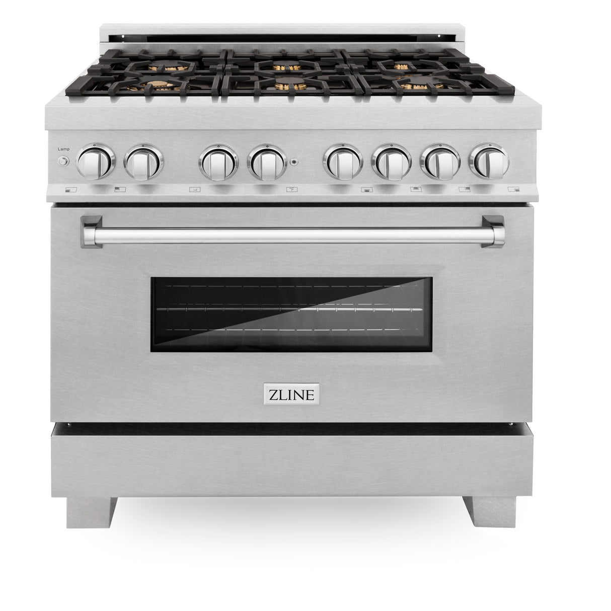 ZLINE 36" 4.6 cu ft Dual Fuel Range with Gas Stove and Electric Oven in Fingerprint Resistant Stainless Steel and Brass Burners (RAS-SN-BR-36)