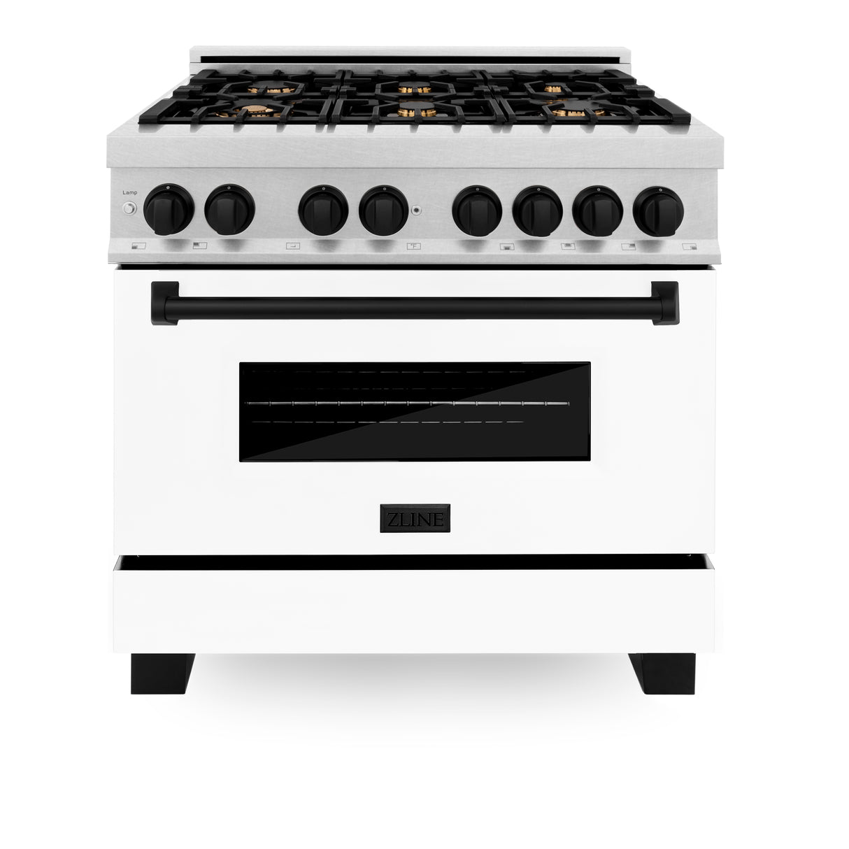 ZLINE Autograph Edition 36" 4.6 cu ft Dual Fuel Range with Gas Stove and Electric Oven in Fingerprint Resistant Stainless Steel with White Matte Door and Matte Black Accents (RASZ-WM-36-MB)