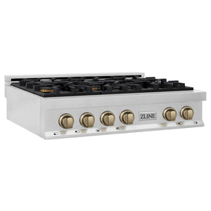 ZLINE Autograph Edition 36" Porcelain Rangetop with 6 Gas Burners in Fingerprint Resistant Stainless Steel and Champagne Bronze Accents (RTSZ-36-CB)