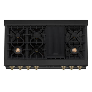 ZLINE Autograph Edition 48" Porcelain Rangetop with 7 Gas Burners in Black Stainless Steel and Champagne Bronze Accents (RTBZ-48-CB)