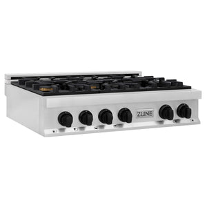 ZLINE Autograph Edition 36" Porcelain Rangetop with 6 Gas Burners in Stainless Steel and Matte Black Accents (RTZ-36-MB)