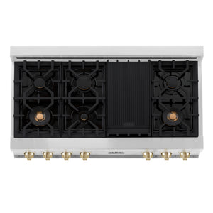 ZLINE Autograph Edition 48" Porcelain Rangetop with 7 Gas Burners in Stainless Steel and Gold Accents (RTZ-48-G)