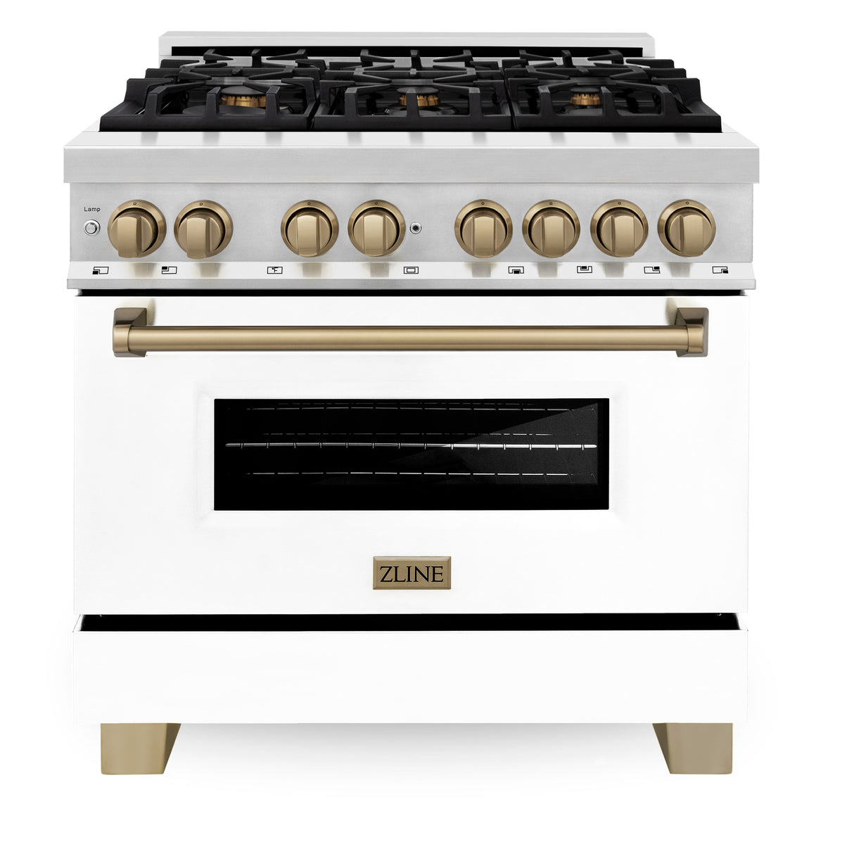 ZLINE Autograph Edition 36" 4.6 cu ft Dual Fuel Range with Gas Stove and Electric Oven in Stainless Steel with White Matte Door and Champagne Bronze Accents (RAZ-WM-36-CB)