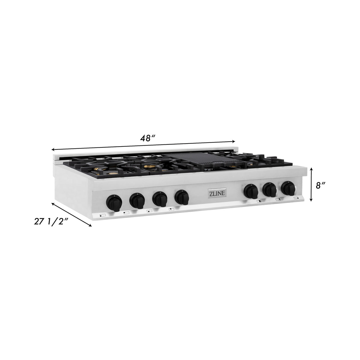 ZLINE Autograph Edition 48" Porcelain Rangetop with 7 Gas Burners in Stainless Steel and Matte Black Accents (RTZ-48-MB)