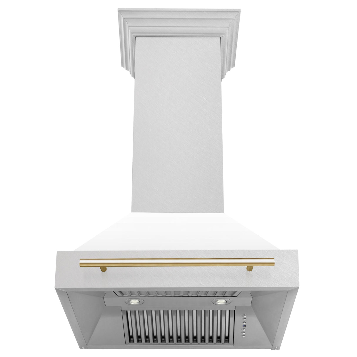 ZLINE 30" Autograph Edition Fingerprint Resistant Stainless Steel Range Hood with White Matte Shell and Champagne Bronze Handle (8654SNZ-WM30-CB)