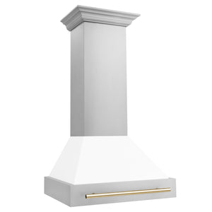 ZLINE 30" Autograph Edition Stainless Steel Range Hood with White Matte Shell and Champagne Bronze Handle (8654STZ-WM30-CB)