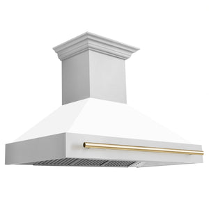 ZLINE 48" Autograph Edition Stainless Steel Range Hood with White Matte Shell and Champagne Bronze Handle (8654STZ-WM48-CB)