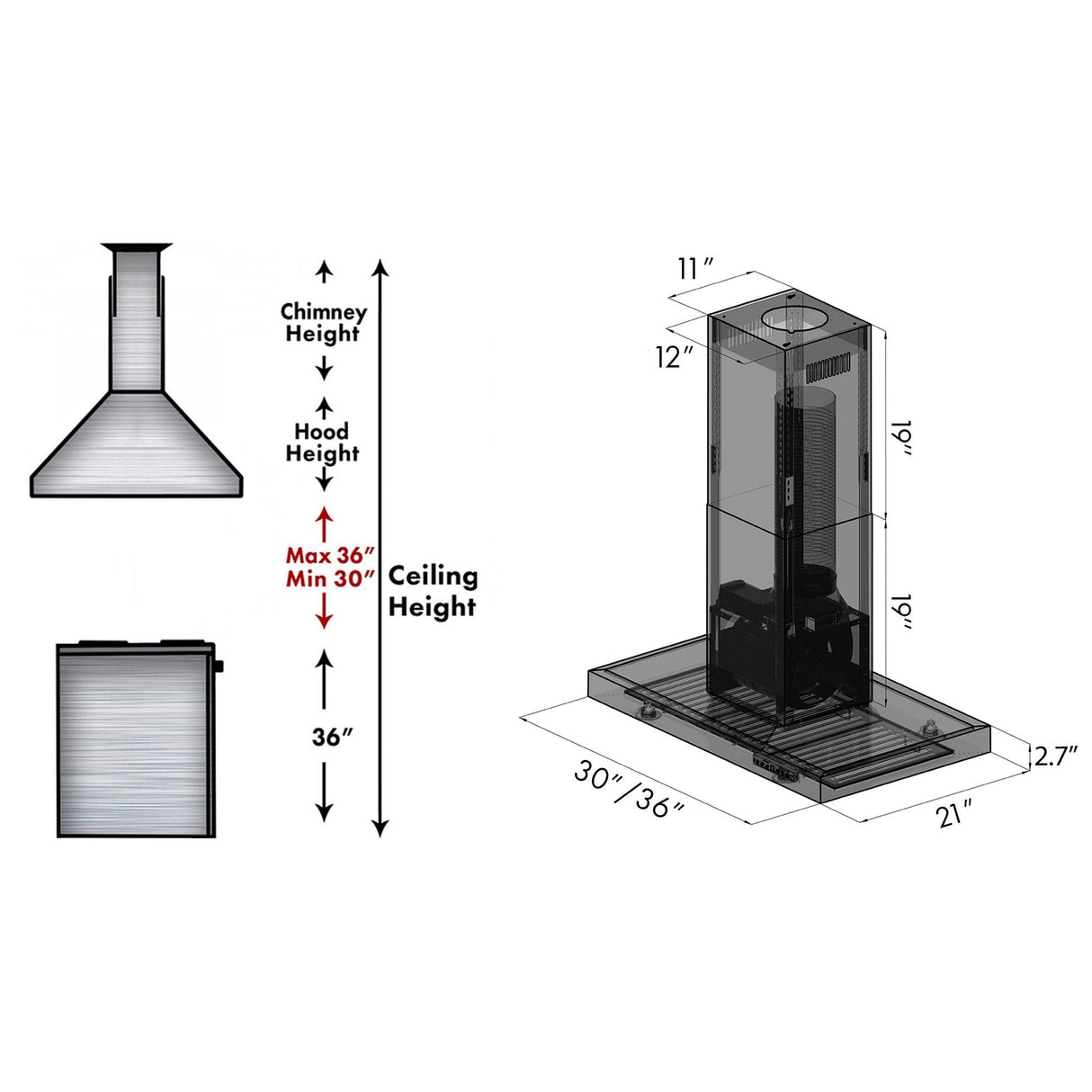 ZLINE 36" Convertible Island Mount Range Hood in Black Stainless Steel (BSKE2iN-36)