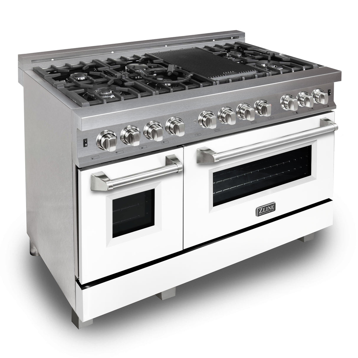 ZLINE 48" 6.0 cu ft Dual Fuel Range with Gas Stove and Electric Oven in Fingerprint Resistant Stainless Steel and White Matte Door (RAS-WM-48)