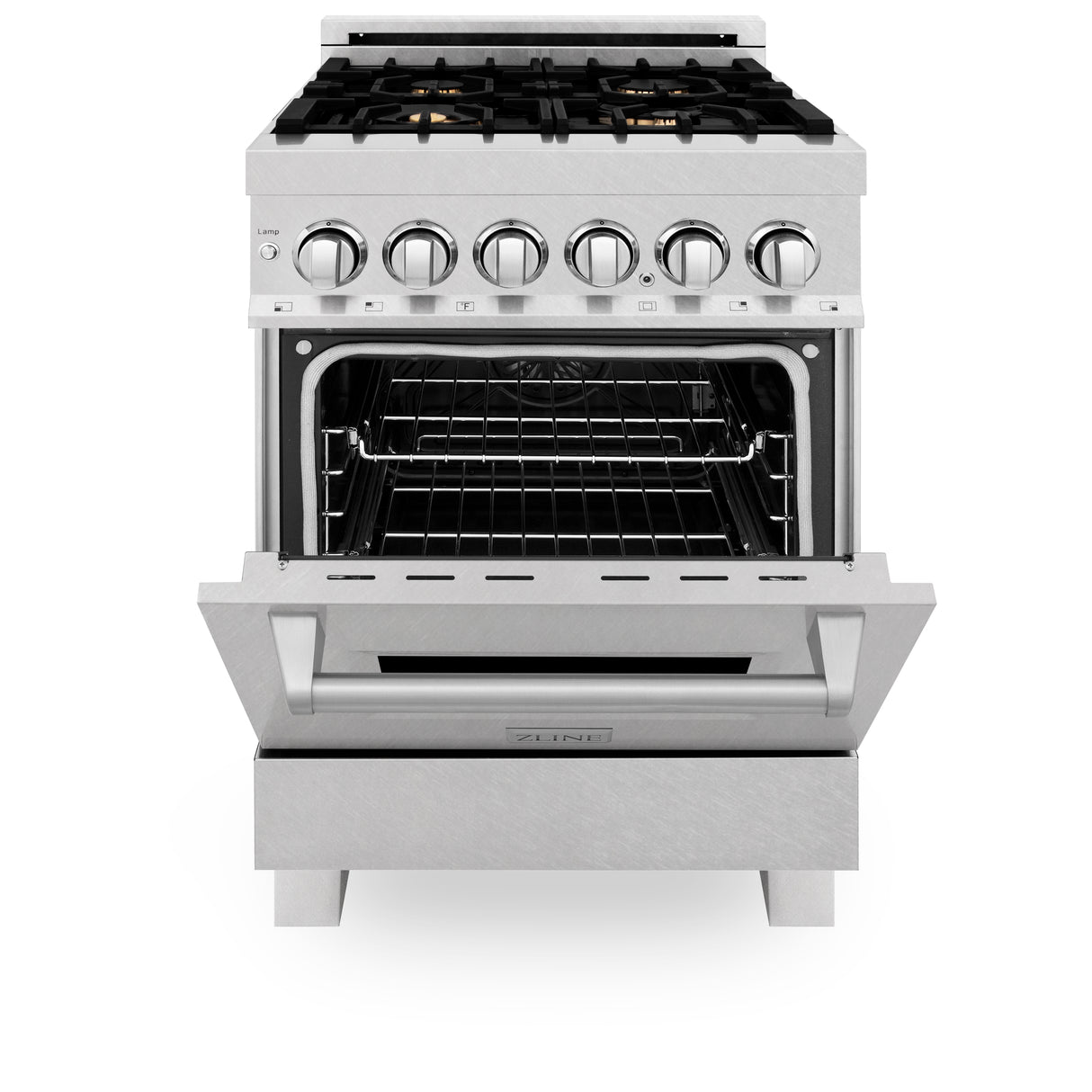 ZLINE 24" 2.8 cu ft Dual Fuel Range with Gas Stove and Electric Oven in Fingerprint Resistant Stainless Steel and Brass Burners (RAS-SN-BR-24)