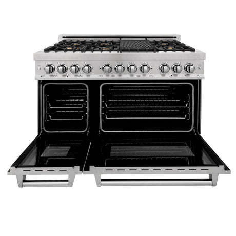 ZLINE 48" 6.0 cu ft Dual Fuel Range with Gas Stove and Electric Oven in Fingerprint Resistant Stainless Steel and Brass Burners (RAS-SN-BR-48)