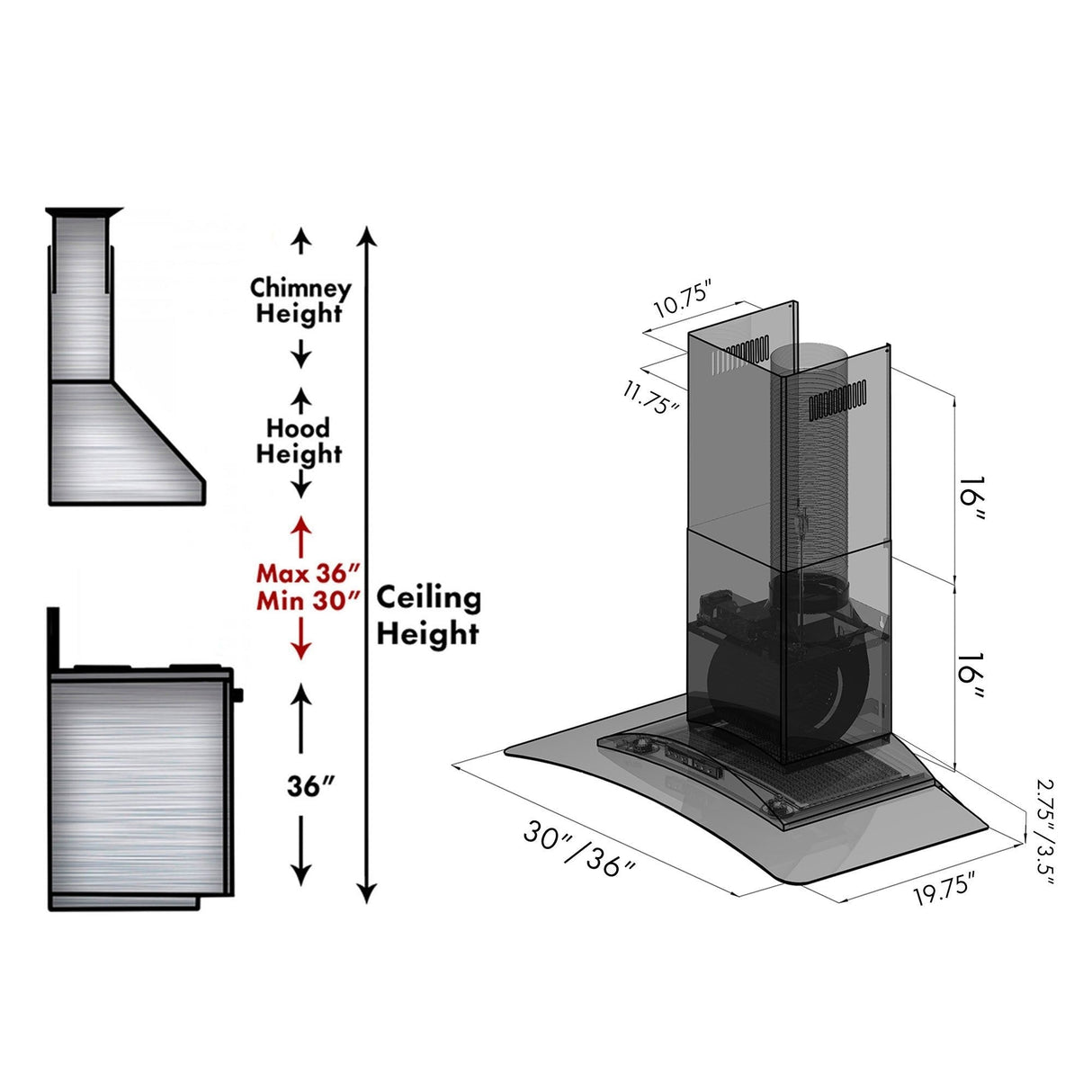 ZLINE 36" Convertible Vent Wall Mount Range Hood in Stainless Steel & Glass (KZ-36)