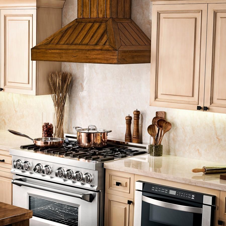 ZLINE 36" Wooden Convertible Vent Wall Mount Range Hood in Rustic Light Finish - Includes Motor (KPLL-36)